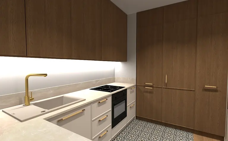 Wnętrze kuchni z drewnianymi szafkami, jasnym blatem i nowoczesnym wyposażeniem.