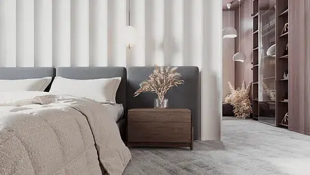 Wnętrze sypialni z szarym łóżkiem, minimalistycznym designem i nowoczesnymi akcentami.