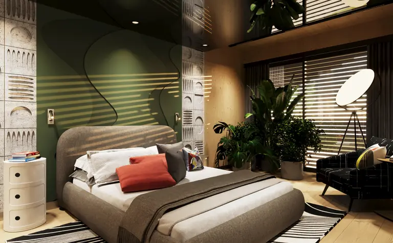 Sypialnia w stylu dopamine decor z roślinami, nowoczesnymi meblami i eklektycznymi dodatkami.