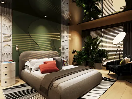 Sypialnia w stylu dopamine decor z roślinami, nowoczesnymi meblami i eklektycznymi dodatkami.