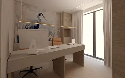 Wnętrze biura z nowoczesnym biurkiem i muralem w stylu quiet luxury oraz współczesnym.