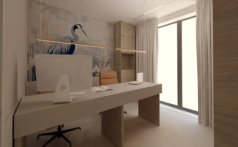 Wnętrze biura z nowoczesnym biurkiem i muralem w stylu quiet luxury oraz współczesnym.