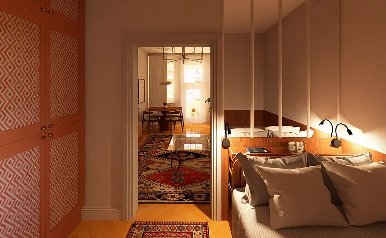 Wnętrze sypialni vintage z brązowym łóżkiem i beżowymi dodatkami.