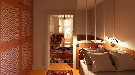 Wnętrze sypialni vintage z brązowym łóżkiem i beżowymi dodatkami.