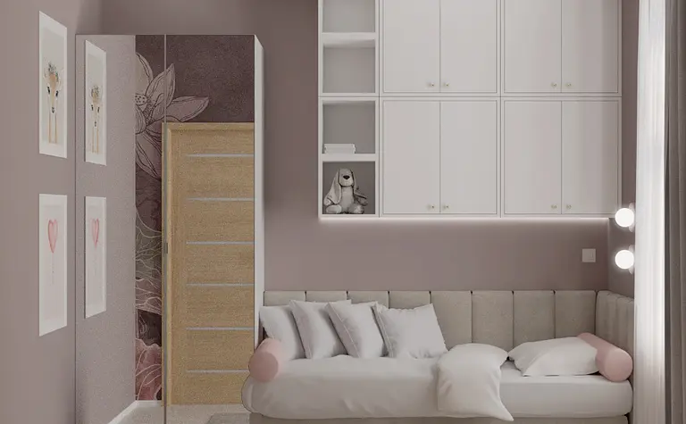 Wnętrze pokoju w stylu japandi i minimalistycznym, z szarymi ścianami i białymi meblami.