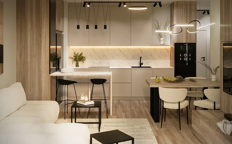 Wnętrze kuchni w stylu minimalistycznym z drewnianymi i jasnymi elementami.