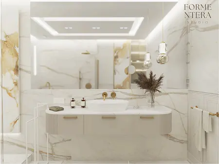 Luksusowa łazienka w stylu art deco, glamour i minimalistycznym z marmurowymi ścianami.