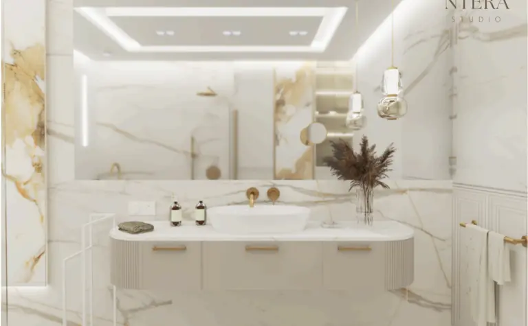 Luksusowa łazienka w stylu art deco, glamour i minimalistycznym z marmurowymi ścianami.
