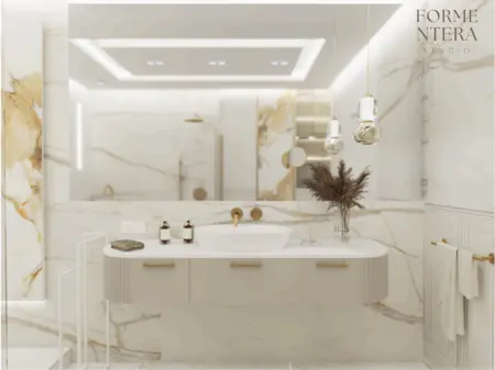 Luksusowa łazienka w stylu art deco, glamour i minimalistycznym z marmurowymi ścianami.