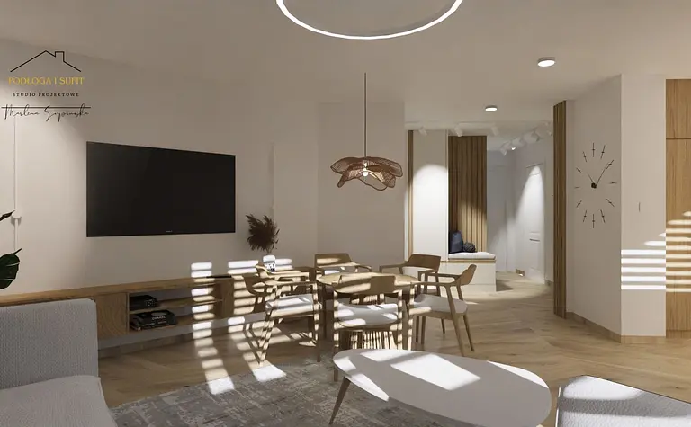 Minimalistyczne wnętrze salonu z drewnianymi meblami i roślinami.