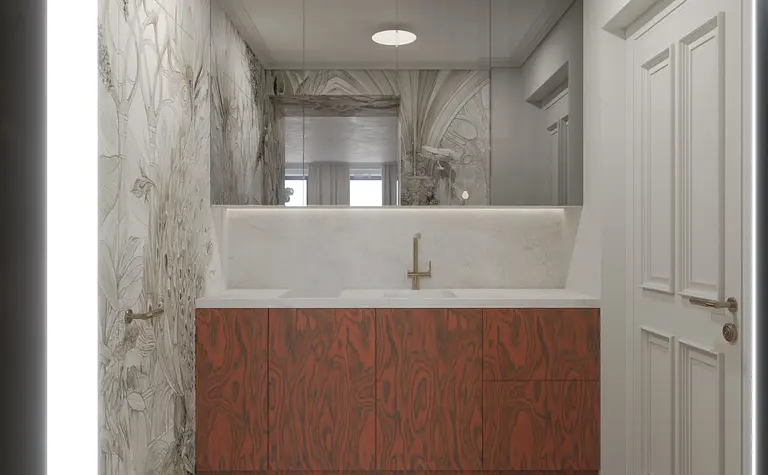 Łazienka w stylu art deco i tradycyjnym z drewnianą szafką i marmurowym blatem.