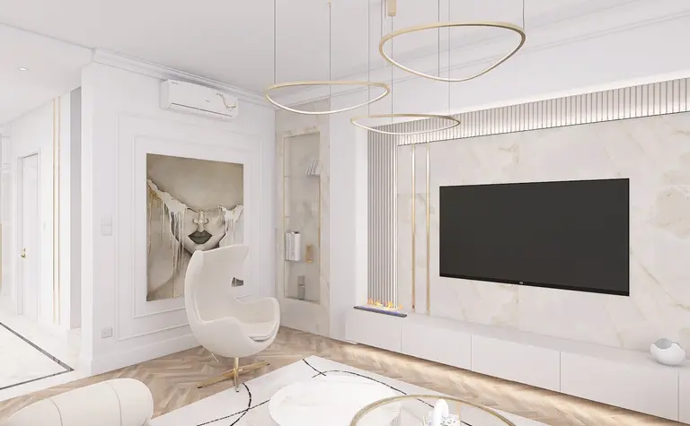 Wnętrze salonu w stylu minimaluxe z białymi meblami, nowoczesnym oświetleniem i złotymi detalami.