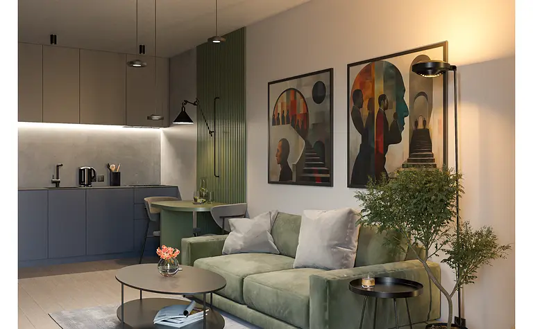 Wnętrze salonu w stylu industrialnym i minimalistycznym z zieloną sofą i nowoczesnymi obrazami.