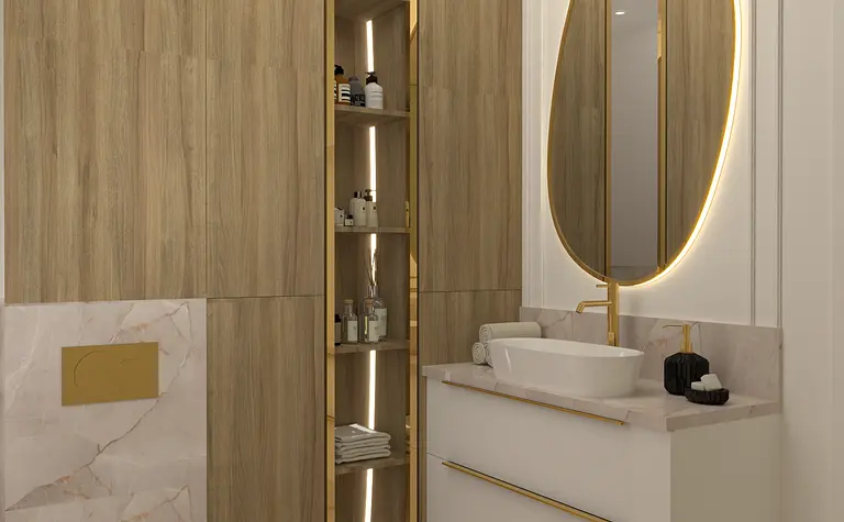 Nowoczesna łazienka w stylu glamour i minimaluxe z drewnem i białymi detalami.