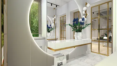 Stylowy przedpokój z białą ławką, złotymi detalami i niebieskimi kwiatami.