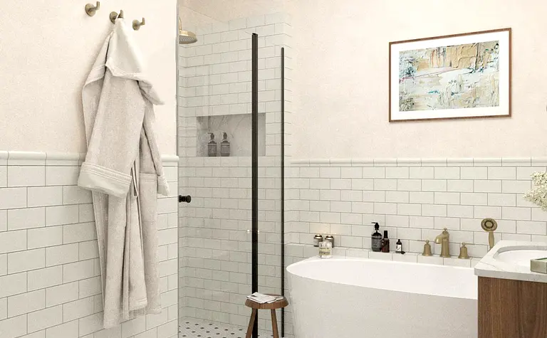 Wnętrze łazienki w stylu art deco, minimalistycznym i tradycyjnym z wanną i prysznicem.