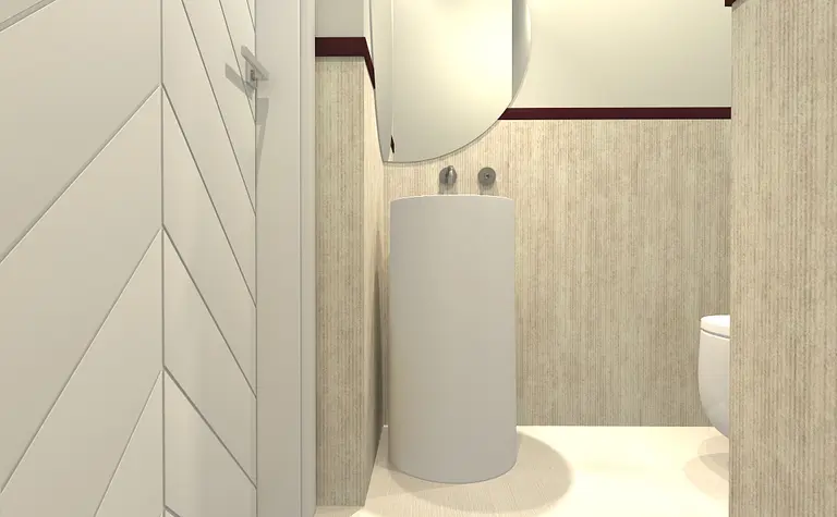 Mała łazienka z białą umywalką i beżowymi ścianami w stylu eklektycznym.