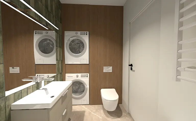 Współczesna łazienka z pralkami, umywalką i drewnem.