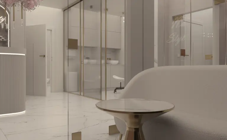 Nowoczesne wnętrze glamour z jasnymi meblami i złotymi detalami.