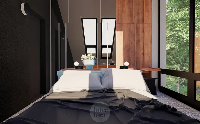 Sypialnia w stylu eklektycznym, japandi i minimalistycznym z drewnianymi elementami.