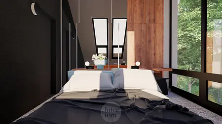 Sypialnia w stylu eklektycznym, japandi i minimalistycznym z drewnianymi elementami.