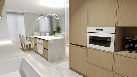 Nowoczesna kuchnia w stylu quiet luxury z drewnem i białymi dodatkami.