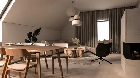Wnętrze salonu w stylu minimalistycznym z drewnianymi meblami i szarymi akcentami.