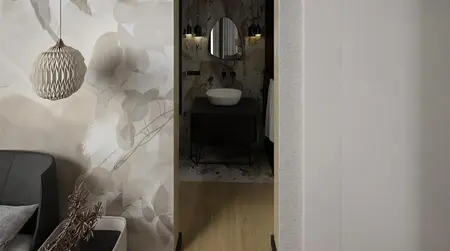 Nowoczesna łazienka z białą umywalką, eklektycznymi detalami i minimalistycznym oświetleniem.