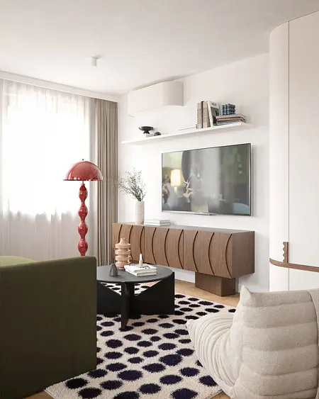 Wnętrze salonu w stylu art deco, eklektycznym i nowoczesnym z czerwonymi akcentami.