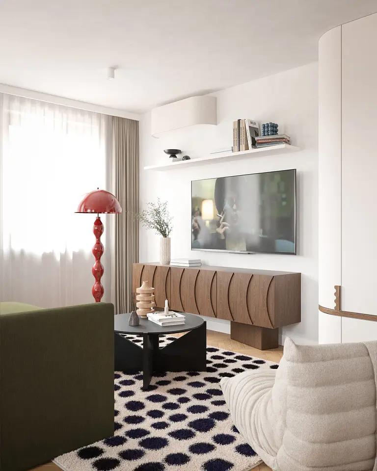Wnętrze salonu w stylu art deco, eklektycznym i nowoczesnym z czerwonymi akcentami.