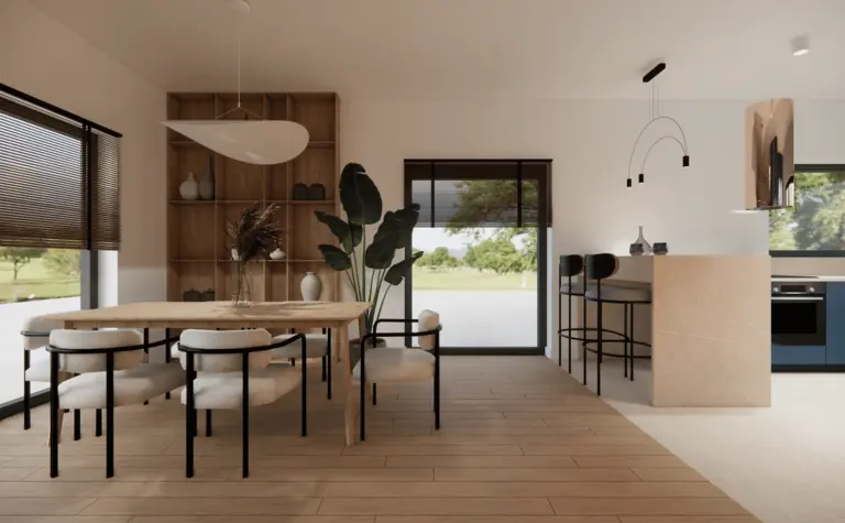 Wnętrze jadalni w minimalistycznym stylu soft minimalizm z drewnianym stołem i rośliną