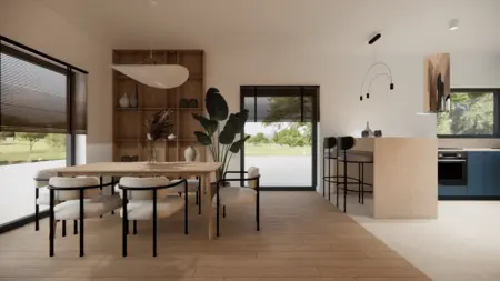 Wnętrze jadalni w minimalistycznym stylu soft minimalizm z drewnianym stołem i rośliną