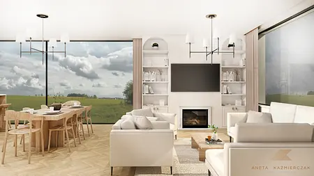 Salon z eklektycznym i tradycyjnym stylem, białe meble i drewniany stół.