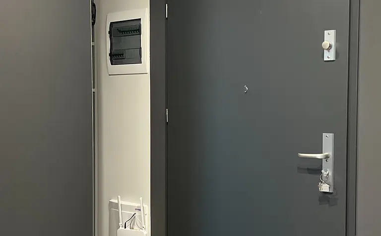 Nowoczesny przedpokój w soft minimalizmie z szarymi ścianami i współczesnymi detalami.