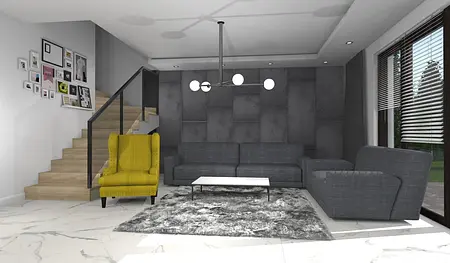 Wnętrze salonu w stylu industrialnym i minimalistycznym z szarymi meblami i żółtym fotelem.