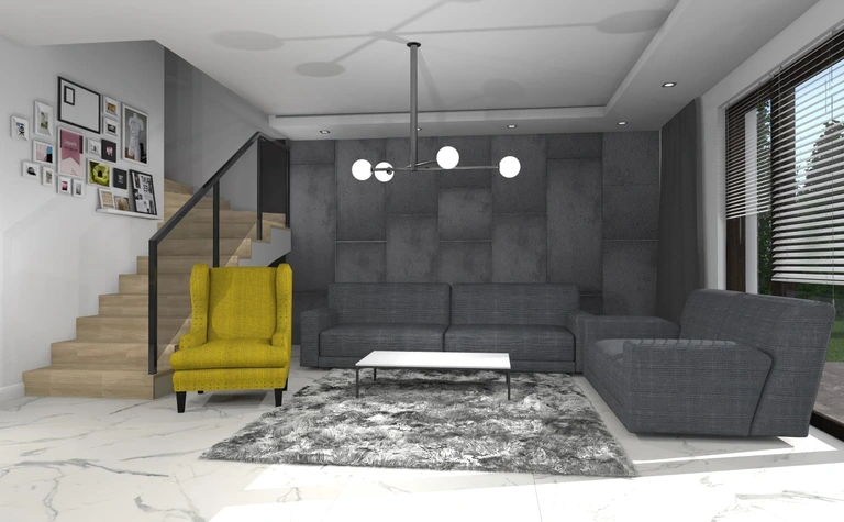 Wnętrze salonu w stylu industrialnym i minimalistycznym z szarymi meblami i żółtym fotelem.