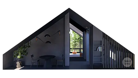 Wnętrze poddasza w stylu eklektycznym, japandi i minimalistycznym z drewnianym stołem.