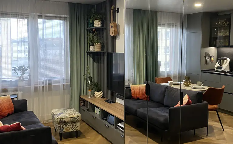 Nowoczesny salon z czarną sofą, drewnianą podłogą i roślinami.