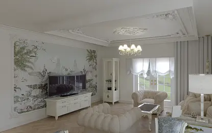 Wnętrze salonu w stylu glamour z jasnymi meblami i dekoracjami.
