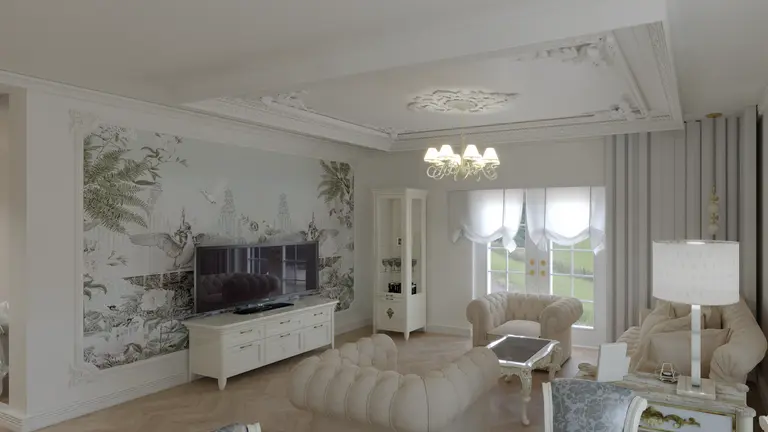 Wnętrze salonu w stylu glamour z jasnymi meblami i dekoracjami.