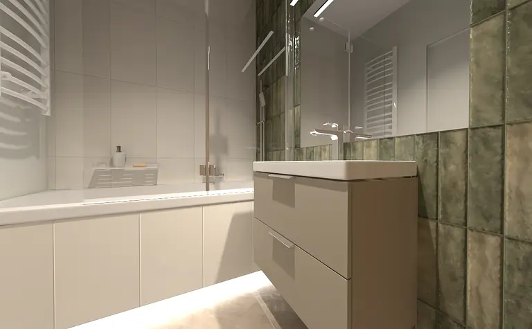 Współczesna łazienka z białą umywalką i zielonymi kafelkami