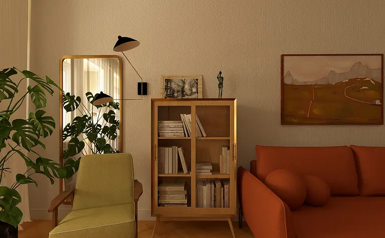 Wnętrze z pomarańczową sofą, drewnianą biblioteczką i roślinami w stylu vintage.