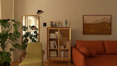 Wnętrze z pomarańczową sofą, drewnianą biblioteczką i roślinami w stylu vintage.