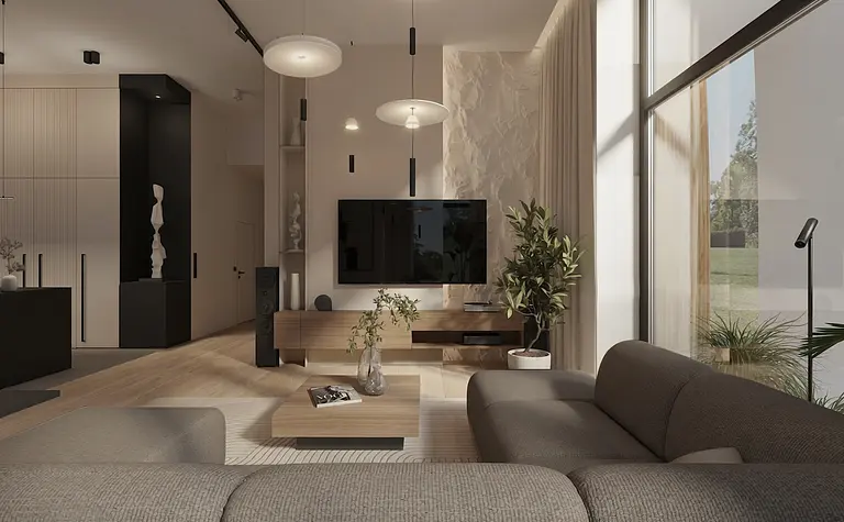 Wnętrze salonu w stylu japandi i minimalistycznym z szarym narożnikiem i drewnianymi akcentami.