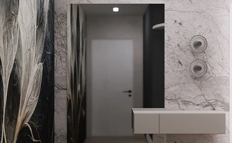 Wnętrze minimalistycznego przedpokoju z lustrem i kamienną ścianą.