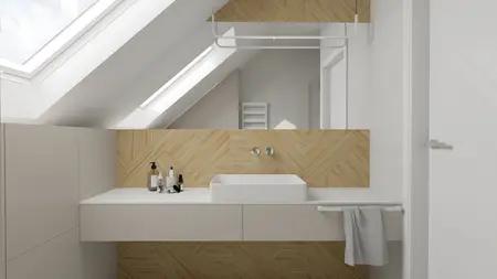 Wnętrze łazienki w stylu soft minimalizm, tradycyjny i współczesny z białymi meblami.