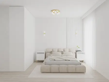 Minimalistyczna sypialnia z beżowym łóżkiem i białymi ścianami, nowoczesne oświetlenie.