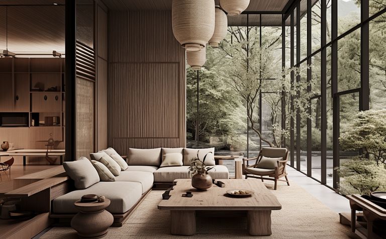 Wnętrze salonu w stylu japandi z drewnianymi meblami i dużymi oknami.