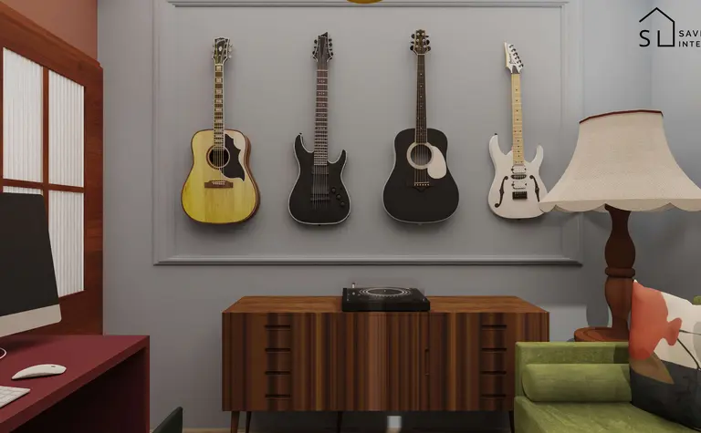 Wnętrze z gitarami na ścianie i nowoczesnym stolikiem w minimalistycznym stylu.