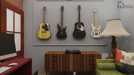Wnętrze z gitarami na ścianie i nowoczesnym stolikiem w minimalistycznym stylu.